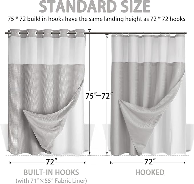 No Hook Shower Curtain and Liner Set, Light Grey Hotel Waffle Shower Curtain - Image 6