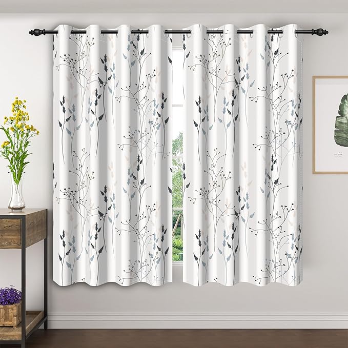 White Leaves Blackout Curtains 63 Inch Length, Room Darkening Curtains by Unknown