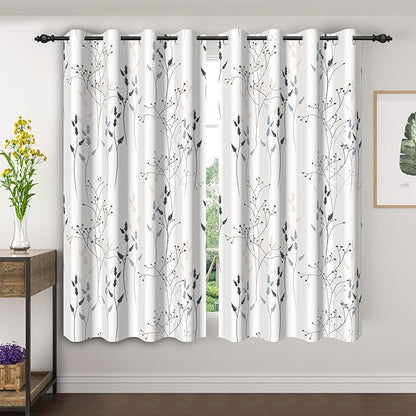 White Leaves Blackout Curtains 63 Inch Length, Room Darkening Curtains by Unknown