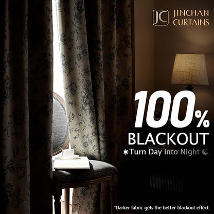 jinchan Blackout Linen Blend Curtain Grey Floral Blackout Curtains - Image 2