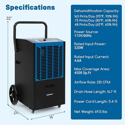 COSTWAY 163 Pints Commercial Dehumidifier, 4500 Sq.Ft Crawl Space Dehumidifier - Image 7