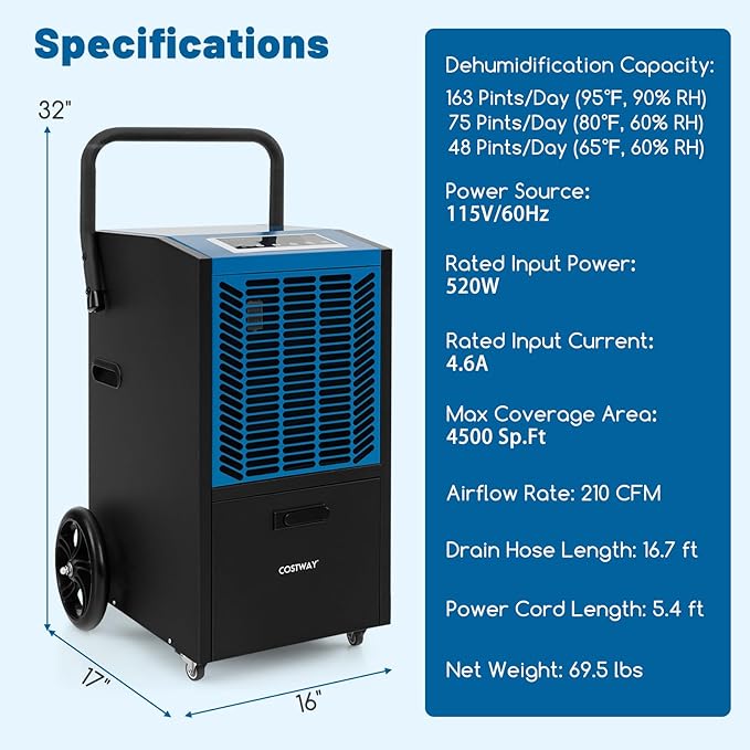 COSTWAY Commercial Dehumidifier, 4500 Sq.Ft Crawl Space Dehumidifier - Image 6