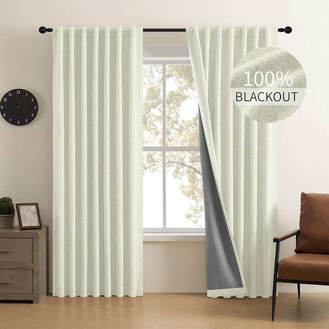 CUCRAF Linen 100% Blackout Curtains 108 Inch Length 2 Panels Set, Back Tab and by CUCRAF