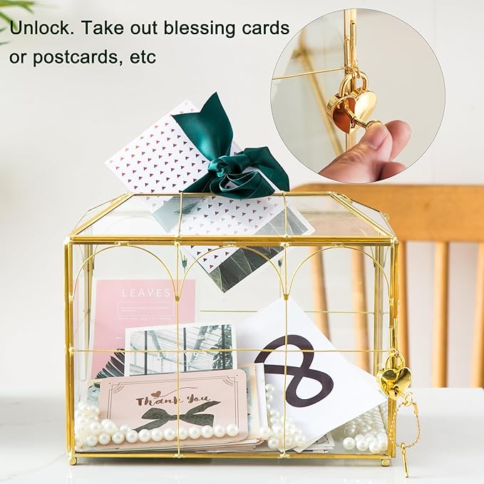 Glass Wedding Card Box with Slot, 10.2'' Large Clear Card Box Gold Brass Gift - Image 4