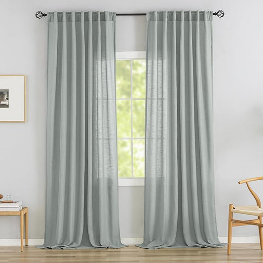Back Tab Flax Linen Curtains 96 Inch Length 2 Panels Modern Farmhouse Curtains by DONREN
