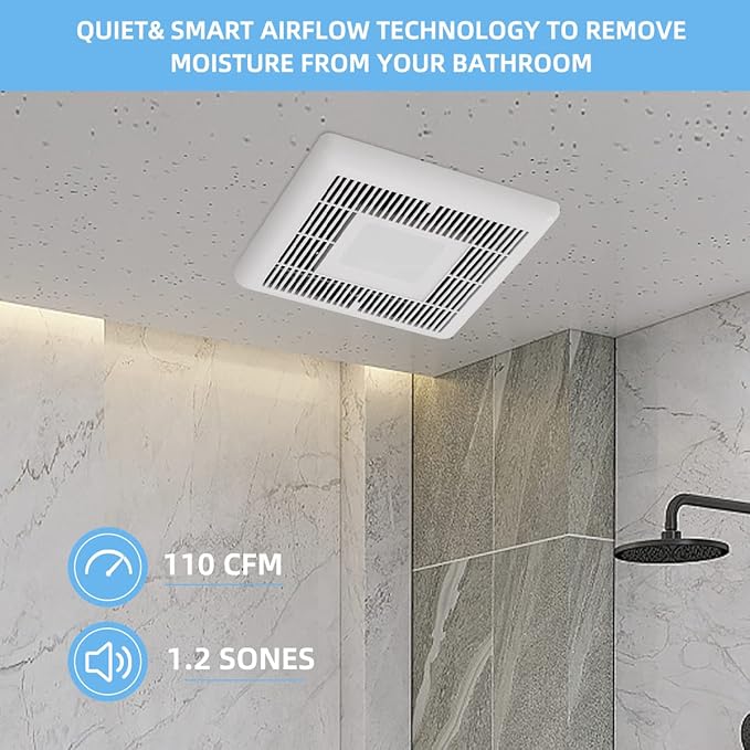 Tech Drive Bathroom Fan with Light 110 CFM, 1.2Sone No Attic access Needed - Image 2