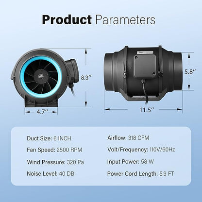 iPower 6 Inch 318 CFM Inline Duct Ventilation Fan Combo, - Image 5