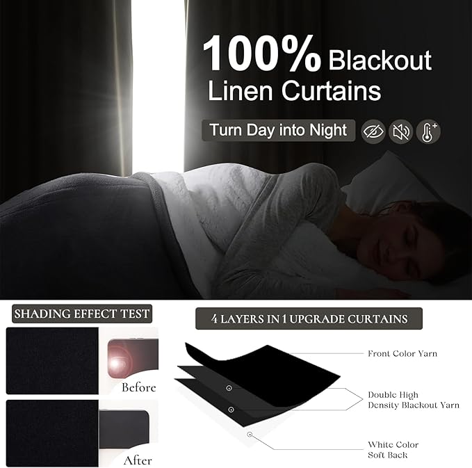 Black Blackout Curtains 95 Inches Long 2 Panel Set, Sun Blocking Curtains - Image 2