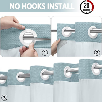 No Hook Shower Curtain and Liner Set, Cyan Hotel Waffle Shower Curtain - Image 2