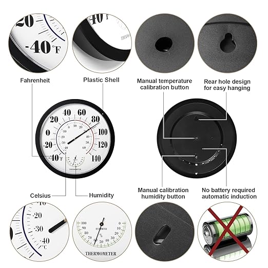 Indoor Outdoor Thermometer Wall Large Numbers Thermometer No Battery 10" - Image 2
