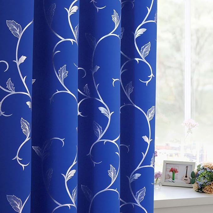 BUHUA Royal Blue Foil Print Flower Vine Design Grommet Curtains Thermal - Image 3