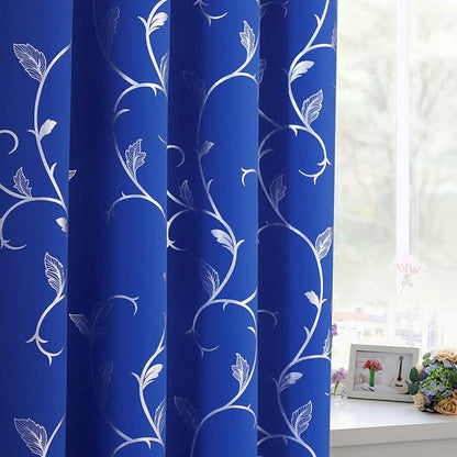 BUHUA Royal Blue Foil Print Flower Vine Design Grommet Curtains Thermal - Image 3