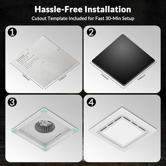 TEPU Bathroom Exhaust Fan with Light 144 CFM, 11.8In Grille, Cutout Size 9.8" x - Image 5