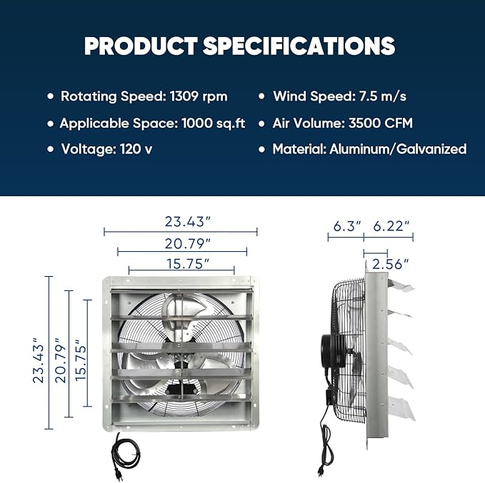 KEN BROWN 20 Inch Shutter Exhaust Fan, Gable Vent Fan, Wall Mount Ventilation - Image 2