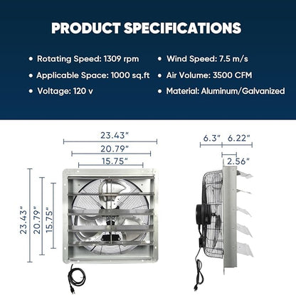 KEN BROWN 20 Inch Shutter Exhaust Fan, Gable Vent Fan, Wall Mount Ventilation - Image 2