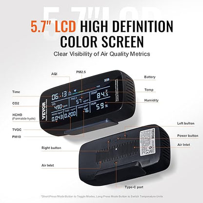 VEVOR Air Quality Monitor 9-in-1, Temperature, Formaldehyde TVOC AQI Tester - Image 5