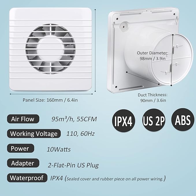 4 Inch Wall-Mounted Exhaust Fan, Small Bathroom Fan, IPX4 55CFM Window - Image 3