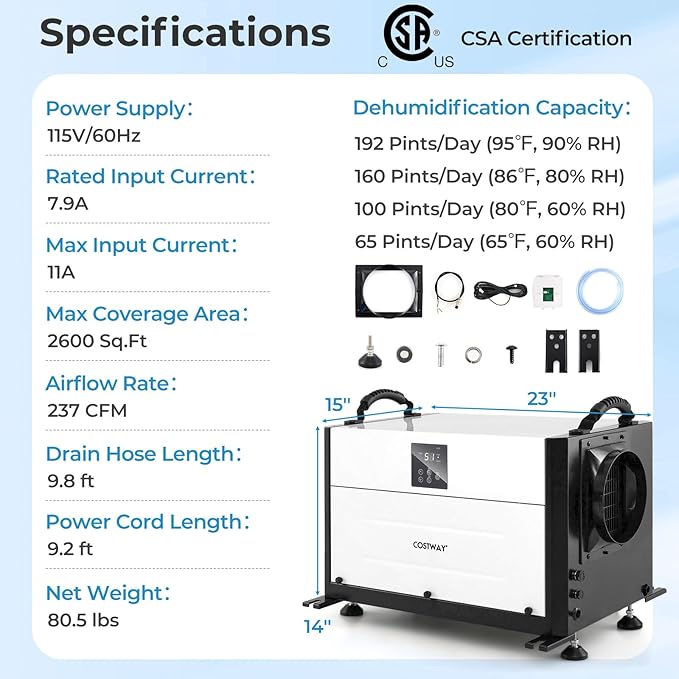 COSTWAY 192 PPD Commercial Dehumidifier, 2600 Sq.Ft Crawl Space Dehumidifier - Image 8