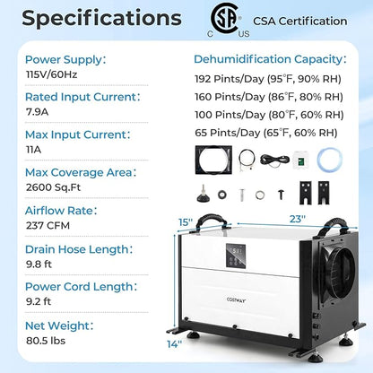 COSTWAY 192 PPD Commercial Dehumidifier, 2600 Sq.Ft Crawl Space Dehumidifier - Image 8