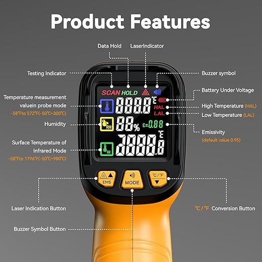 Infrared Thermometer Temperature Gun -58°F to 1796°F, 50:1 Dual-Mode Temp Guns - Image 4