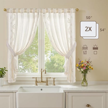 jinchan Belrose Linen Floral Cafe Curtains 54 Inch Length Embroidered Farmhouse - Image 5