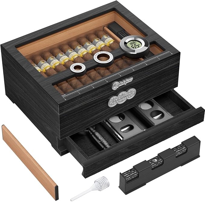 Cigar Humidor, Glass Top Desktop Humidor Box, Cigar Gifts by LIHTUN