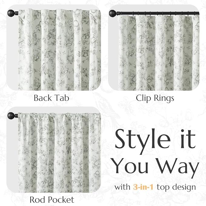 jinchan 95% Blackout Floral Curtains 63 Inch Length, Printed Flower Sage Green - Image 4