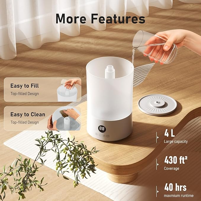 Humidifiers for Bedroom, 4L Top Fill Humidifier for Large Room, 250ml/h Cool - Image 7