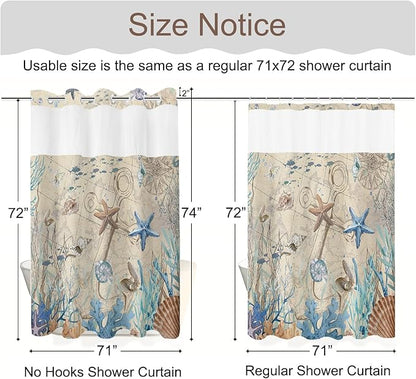 No Hook Shower Curtain with Snap in Liner, Beach Ocean Nautical Coastal Shower - Image 7