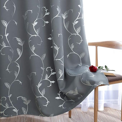 BUHUA Kids Room Darkening Curtains Silver Floral Print Blackout Curtains - Image 4