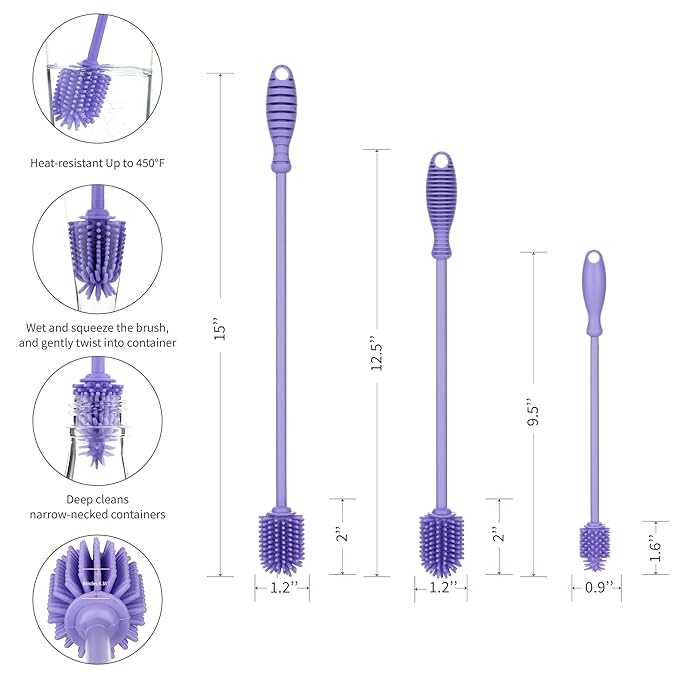 A-Brush Silicone Bottle Cleaner Brush, 3 Piece Set, Long Handle - Image 2