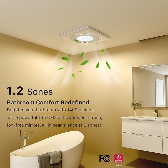 Bathroom Exhaust Fan with Light 11.8IN 165 CFM 1.2 Sones Shower Bathroom Vent - Image 3