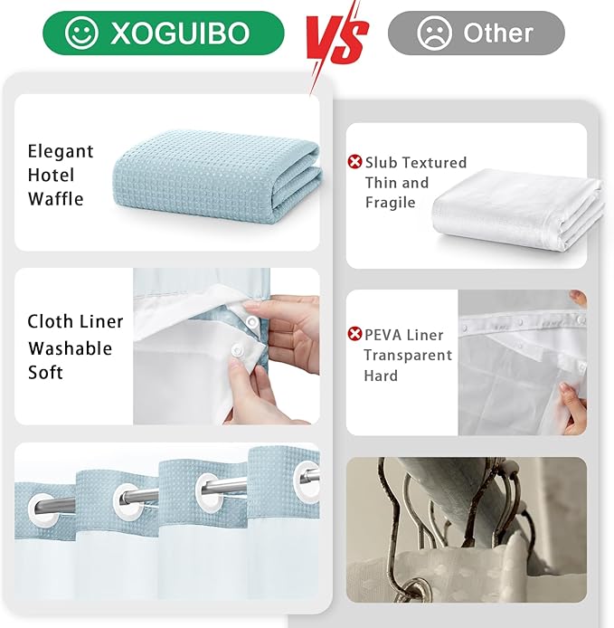 Aqua No Hook Shower Curtain and Liner Set, Hotel Waffle Shower Curtain - Image 5