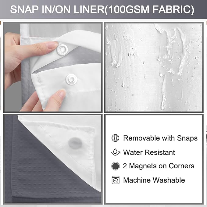 No Hook Shower Curtain and Liner Set, Ombre Grey Hotel Waffle Shower Curtain - Image 3