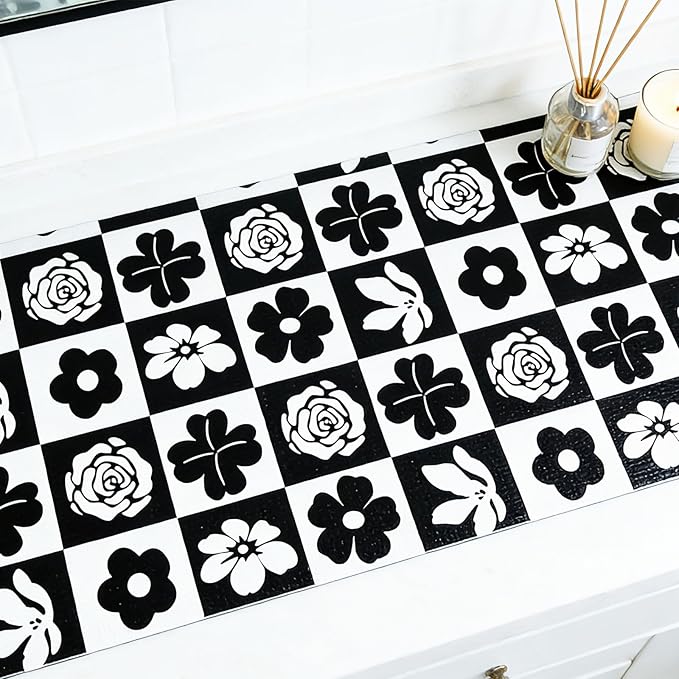 Shelf Liners Non Adhesive Black & White Checkerboard Floral - Image 2