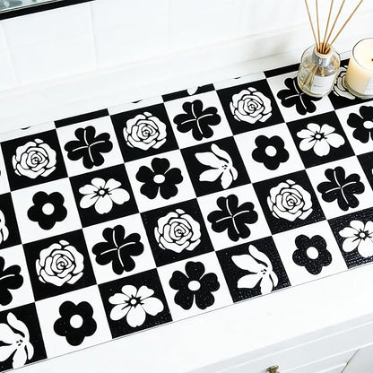Shelf Liners Non Adhesive Black & White Checkerboard Floral - Image 2