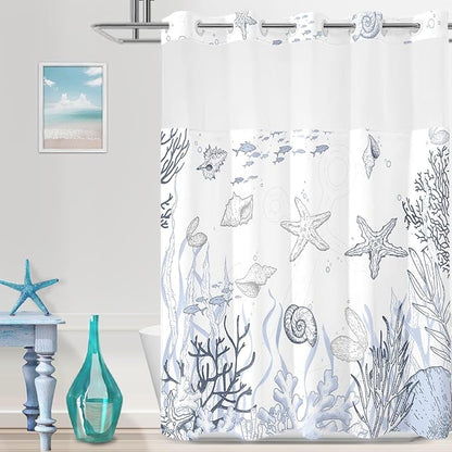 No Hook Shower Curtain with Snap in Liner, Beach Ocean Nautical Coastal Shower by TWLSNCD
