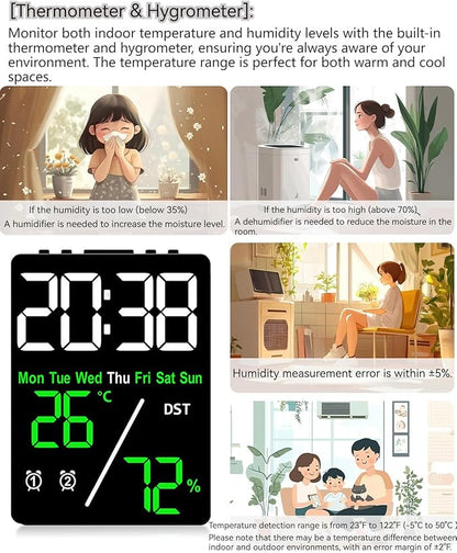 Digital LED Alarm Clock with Thermo-Hygrometer, Dual Alarms, Date & Year Display - Image 5
