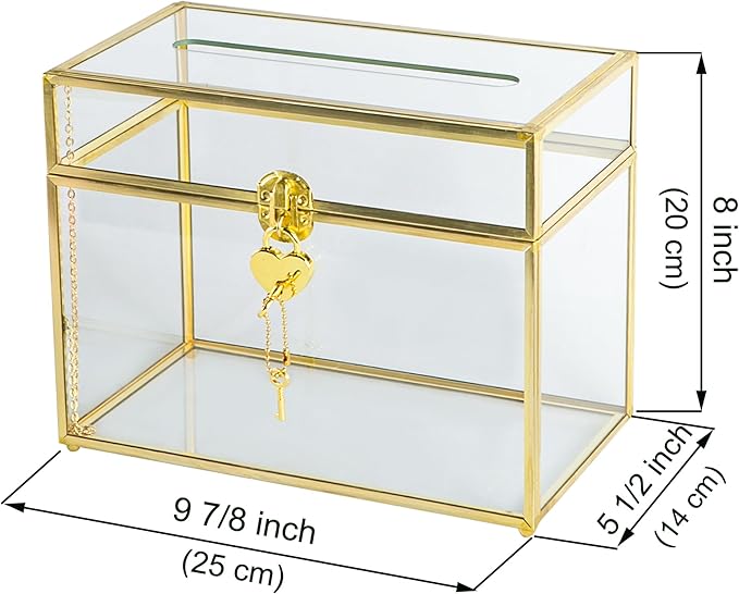 Glass Wedding Card Box with Slot and Lock, Large Clear Card Box Gold Brass Gift - Image 6