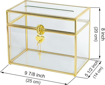 Glass Wedding Card Box with Slot and Lock, Large Clear Card Box Gold Brass Gift - Image 6