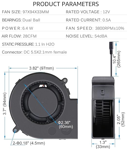 GDSTIME 97mm x 33mm DC Blower, 110V 220V AC Powered Fan 9733 - Image 7