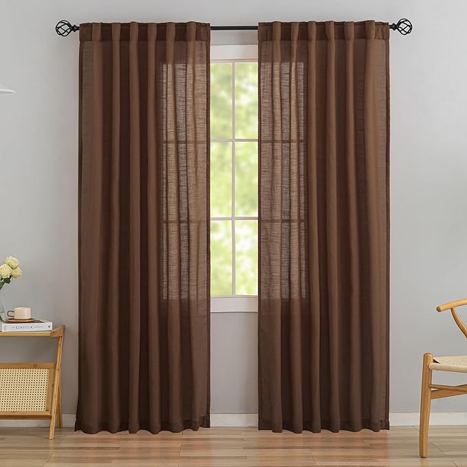Coffee Brown Linen Back Tab Curtains 84 Inches Long 2 Panels Set by DONREN