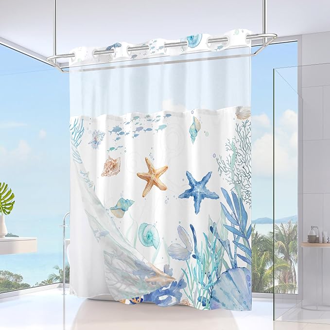 No Hook Shower Curtain with Snap in Liner, Beach Ocean Nautical Coastal Shower - Image 2