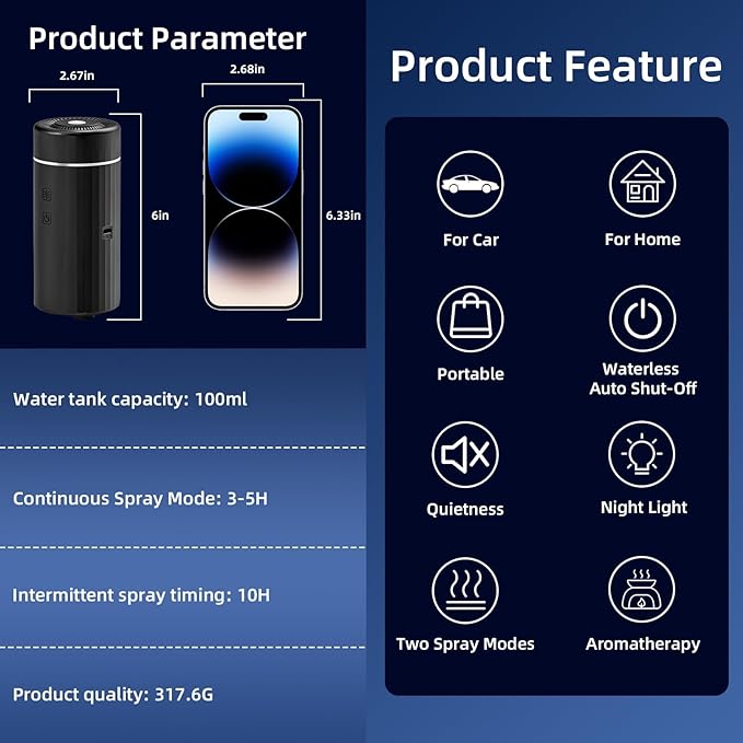 100ML Car Diffuser, USB Rechargeable Battery Operated, Powered Cordless - Image 4