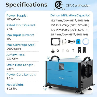 COSTWAY 192 PPD Commercial Dehumidifier, 2600 Sq.Ft Crawl Space Dehumidifier - Image 8