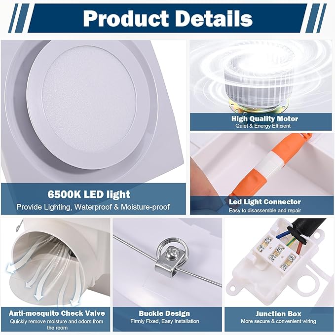 FEITON Bathroom Fan with Light Exhaust Fan Ceiling Mount Vent Fan Light Combo - Image 5
