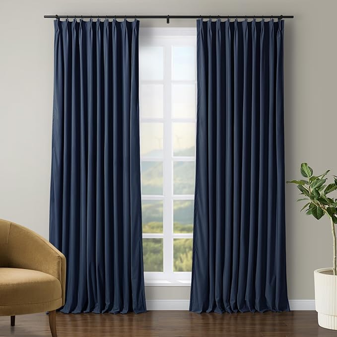 TWOPAGES Luxury Velvet Curtain Pinch Pleated Navy Blue Curtain 108 inch Long by TWOPAGES