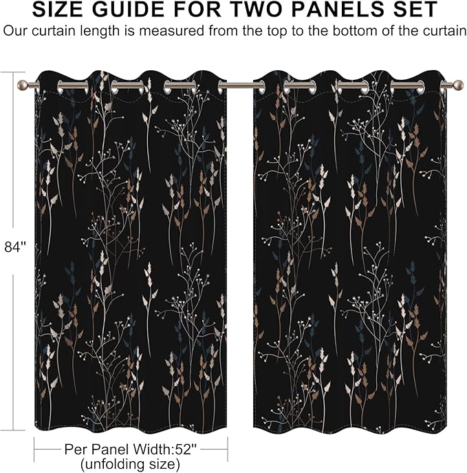 Black Leaves Blackout Curtains 84 Inches, Room Darkening Curtains - Image 8
