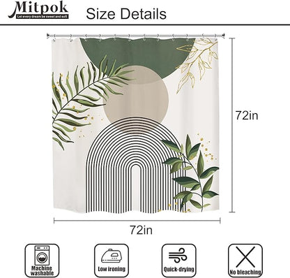 Green Boho Mid Century Shower Curtain 72Wx72H Abstract Gold Leaves Grey Modern - Image 3