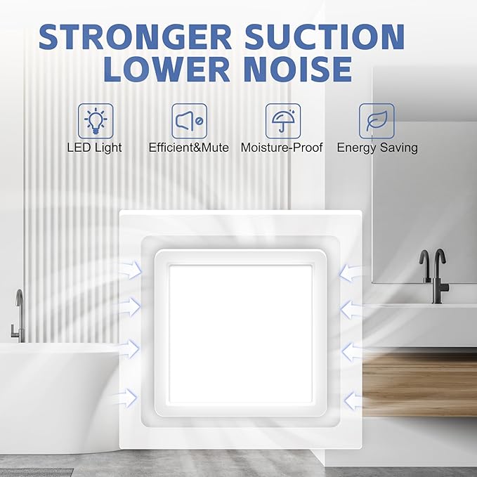 Bathroom Exhaust Fan with Light, 11.8 In Panel, 6000K 12W Square LED, 141 CFM - Image 7
